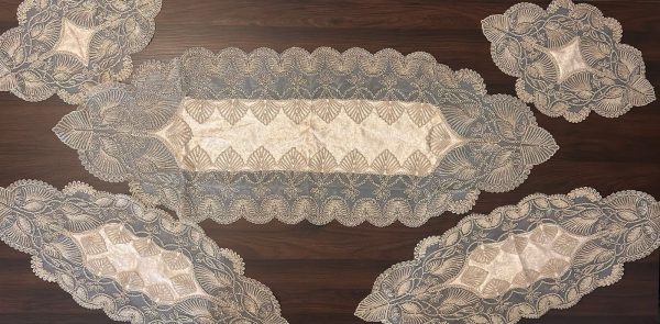 Living Room Set 5 Piece Lace Tablecloth Runner Set, Color: Beige, Service Presentation, Elegant, Fancy Charger for Dining Table, Holiday, Wedding, Decorative Placemat, Charger Table Setting - Image 3