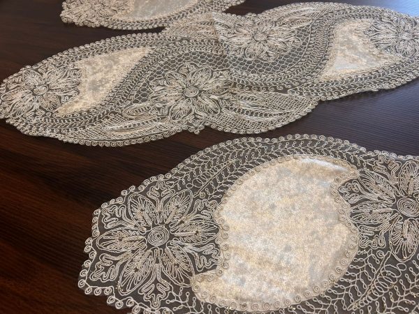 Living Room Set 3 Piece Lace Tablecloth Runner Set, Color: Beige, Service Presentation, Elegant, Fancy Charger for Dining Table, Holiday, Wedding, Decorative Placemat, Charger Table Setting - Image 2