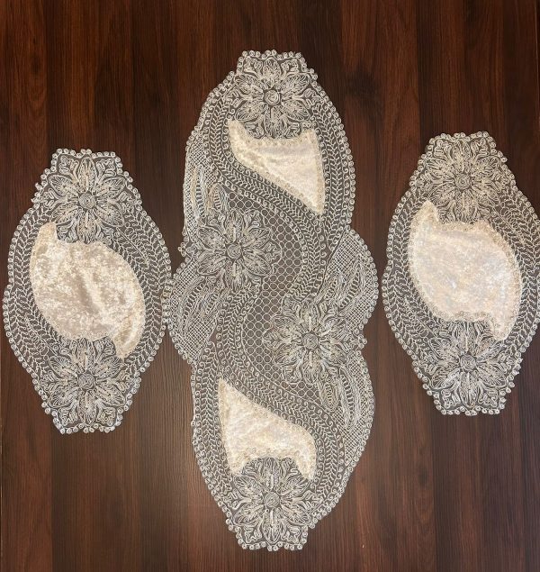 Living Room Set 3 Piece Lace Tablecloth Runner Set, Color: Beige, Service Presentation, Elegant, Fancy Charger for Dining Table, Holiday, Wedding, Decorative Placemat, Charger Table Setting - Image 3