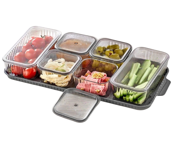 Compartment Breakfast Set with Lid Acrylic and Tray, Snack Serving Tray, Appetizer Tray with Lid, Plastic Food Storage Organizer for Dried Fruits, Nuts, Candies, Sweet Cookies and Fruits- 4 Square and 2 Rectangular Compartment - Image 3