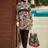 Patterned Fully Covered Hijab Swimsuit-Womens Long Sleeve Print Burkini Full Cover Hijab Swimsuit with the bag- Size: M- Color: Green/ Orange- 4 pcs