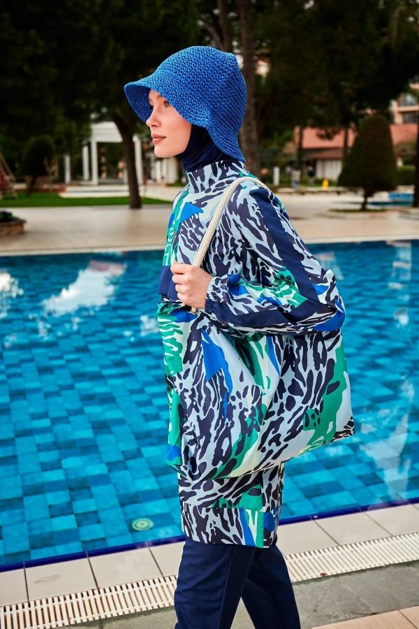 Patterned Fully Covered Hijab Swimsuit-Womens Long Sleeve Print Burkini Full Cover Hijab Swimsuit with the bag- Size: L- Color: Blue- 4 pcs - Image 2