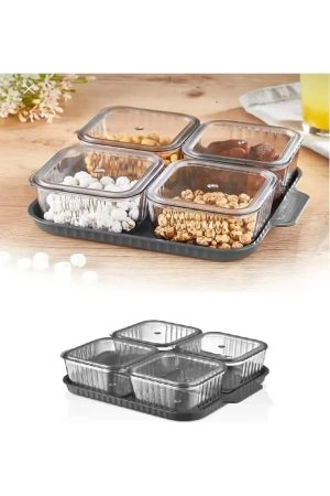 Compartment Breakfast Set with Lid Acrylic and Tray, Snack Serving Tray, Appetizer Tray with Lid, Plastic Food Storage Organizer for Dried Fruits, Nuts, Candies, Sweet Cookies and Fruits- 4 Square Compartment