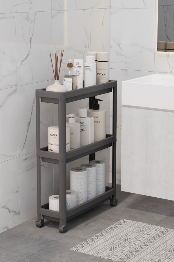 Trolley Organizer Slim Shelf, Bathroom Cabinet, Kitchen Counter, Office and Under Sink Utility Rolling Cart with Caster Wheels Multifunction Storage Unit- Color: Black- 3 Tier - Image 2