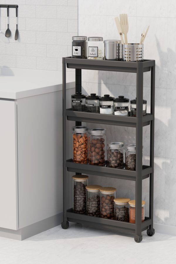 Trolley Organizer Slim Shelf, Bathroom Cabinet, Kitchen Counter, Office and Under Sink Utility Rolling Cart with Caster Wheels Multifunction Storage Unit- Color: Black- 4 Tier - Image 2