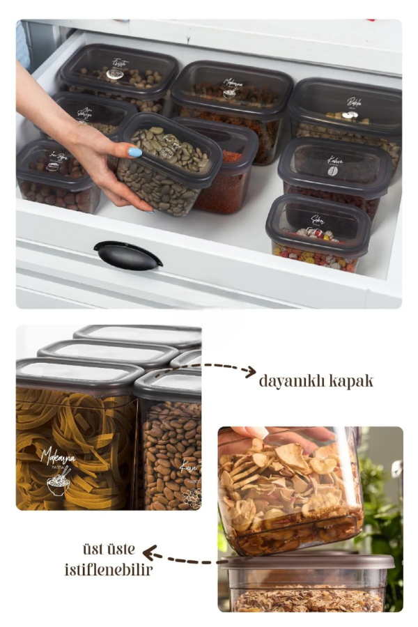 Mega Set Square Food And Pulses Storage Container Spice Bowl, Food Storage, Container, Box, Jars with Lids, Home, Kitchen, Spice, Herbs, Seasoning, Seed, Tea, Sugar, Salt, Rice, Pasta, Cornfleks. Color: Gray- 48 pieces x 4 sizes (0.3,0.5,1.1,1.7 Litres) - Image 2