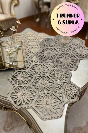 Placemat set of 7, 1 Runner 6 Plate Food Service Set, 1453-Kahve/ Coffee Color Tablecloth Set, Service Presentation. Elegant, Fancy Charger for Dining Table, Holiday, Wedding, Decorative Placemat, Charger Table Setting
